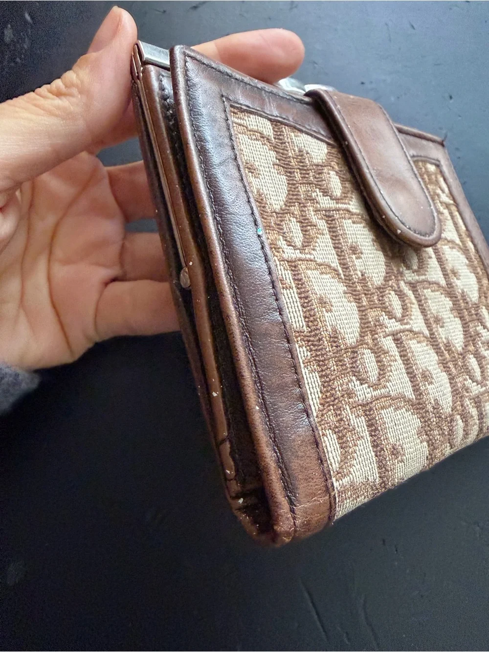 Vintage Christian Dior Trotter Oblique Canvas & Leather Kiss-Lock Compact Wallet
